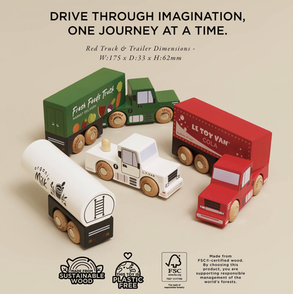 A set of wooden toy trucks and trailers on a beige background, with product text at the top and certification logos at the bottom. The set includes a green delivery truck, a red semi-trailer, a white tanker truck, and a white cab truck.