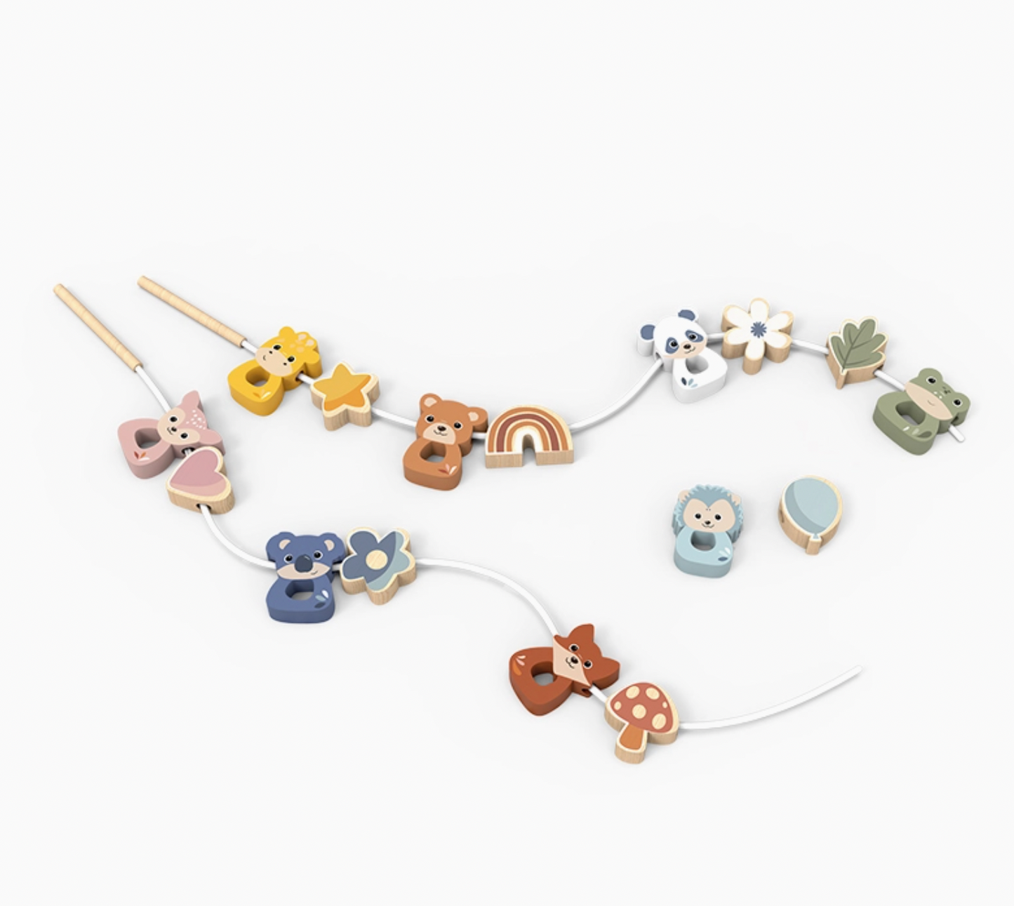 A children's wooden bead stringing toy with multiple small wooden animal and nature shapes threaded onto a white cord, photographed on a clean white background.