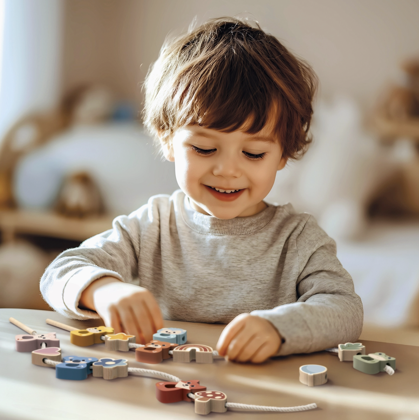 A young child with brown hair wearing a light gray long-sleeve shirt is smiling and playing with colorful wooden toy pieces on a table in a softly lit indoor setting.