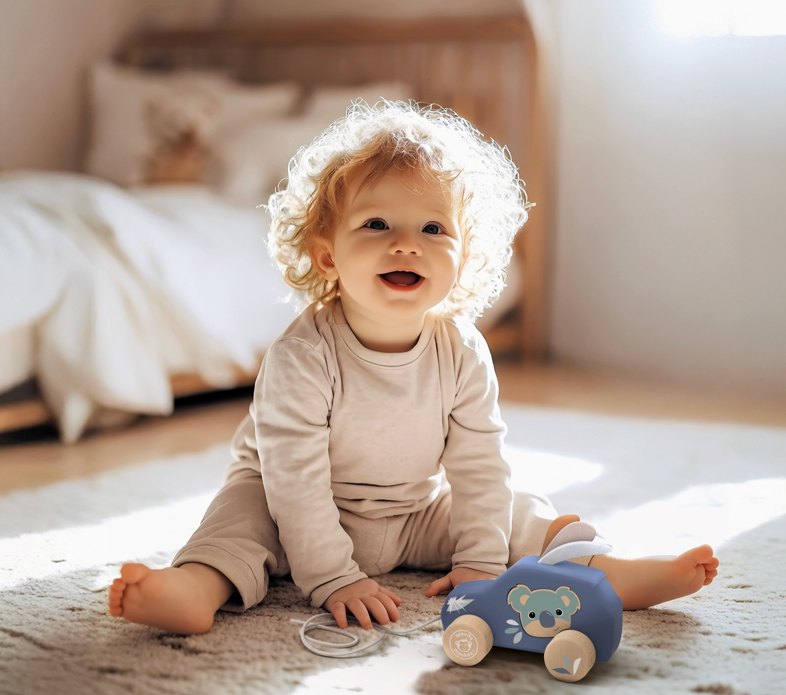 A smiling baby with curly blonde hair sits on a rug in a softly lit bedroom, wearing a light beige long-sleeve outfit and holding a blue plush toy car.
