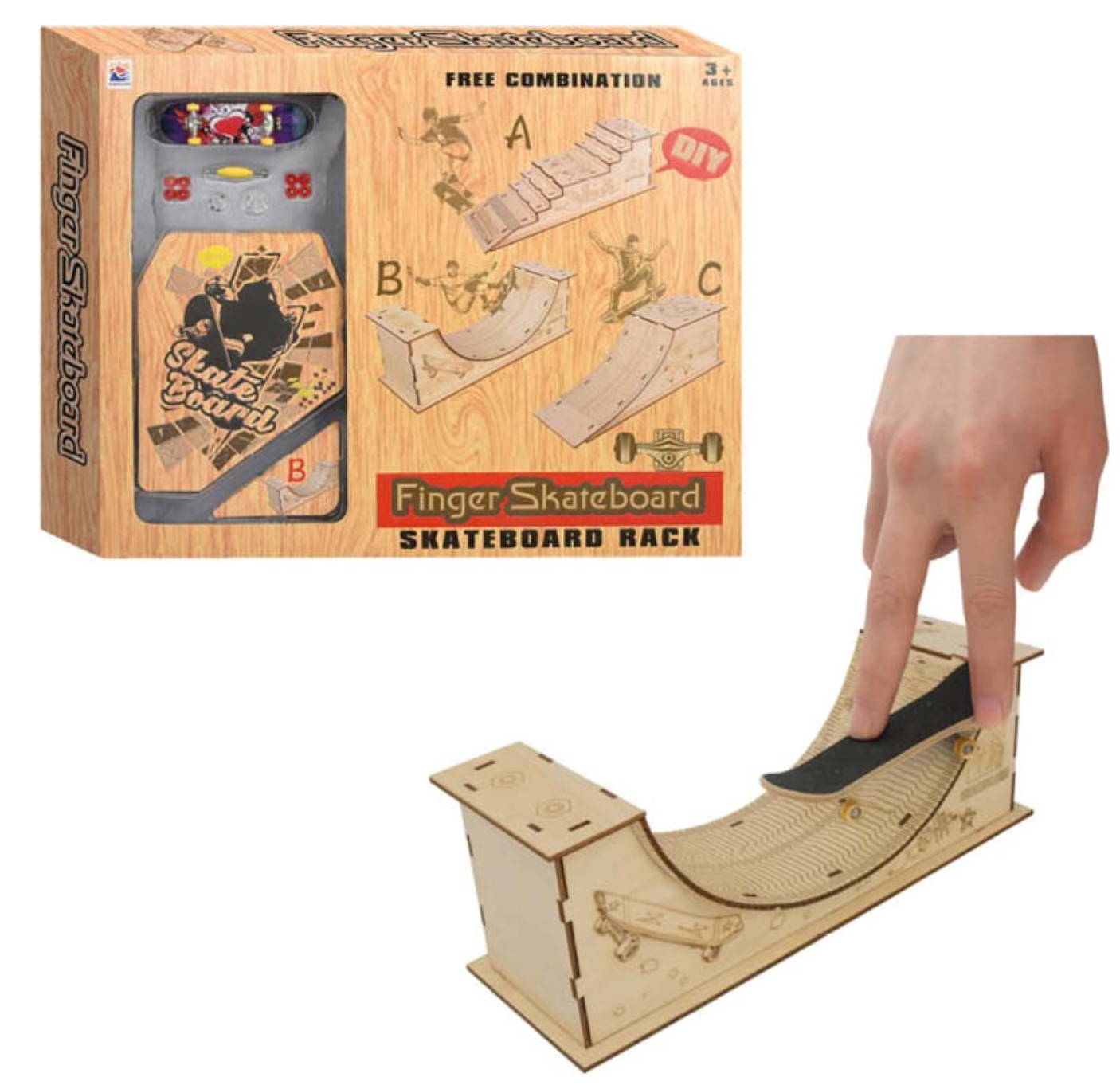 Finger Skateboard and Skateboard Rack set shown with its retail box. The product includes a small wooden finger skateboard and a matching curved wooden rack, with a hand demonstrating use.