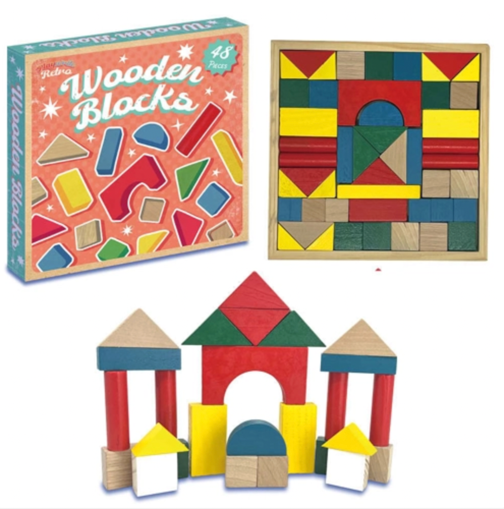 A set of wooden building blocks shown with its retail box, a completed geometric block wall, and a freestanding castle-like structure made from the blocks on a plain white background.