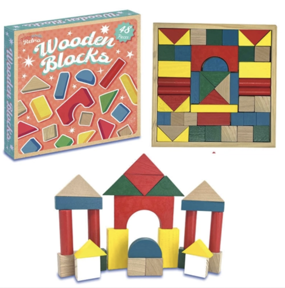 A set of wooden building blocks shown with its retail box, a completed geometric block wall, and a freestanding castle-like structure made from the blocks on a plain white background.
