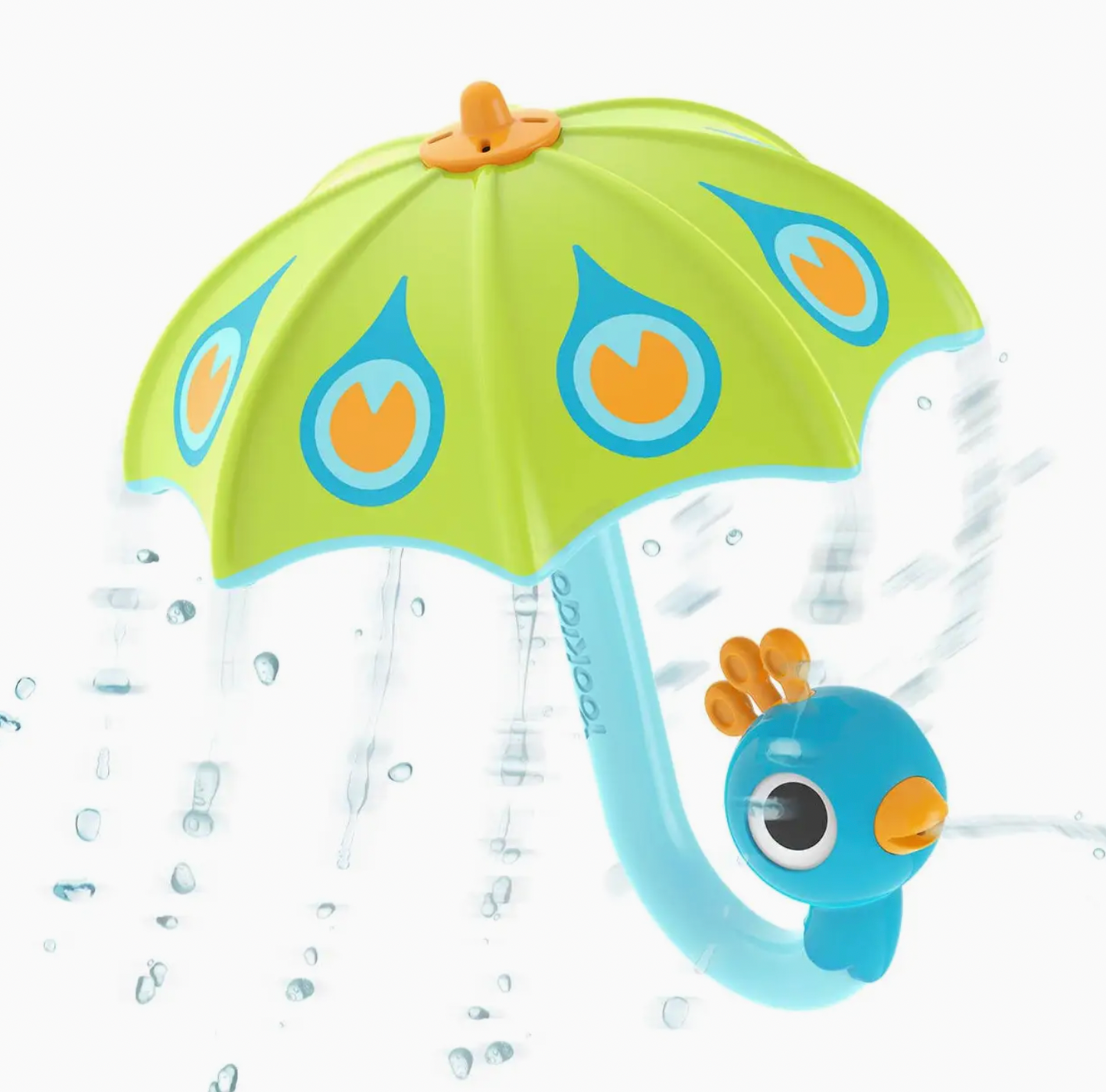 A children's toy rain umbrella with a blue bird character under it, shown on a white background with water droplets and motion blur effects.