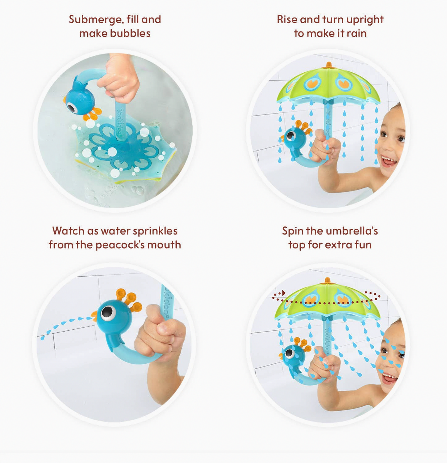 Four-panel instruction graphic showing a baby bath toy with a blue peacock-shaped spout and a green umbrella top. The panels include text such as 'Submerge, fill and make bubbles,' 'Rise and turn upright to make it rain,' 'Watch as water sprinkles from the peacock's mouth,' and 'Spin the umbrella's top for extra fun,' with children demonstrating the toy in a bathroom setting.
