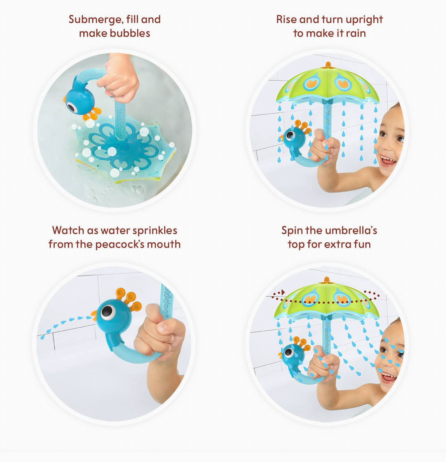Four-panel instruction graphic showing a baby bath toy with a blue peacock-shaped spout and a green umbrella top. The panels include text such as 'Submerge, fill and make bubbles,' 'Rise and turn upright to make it rain,' 'Watch as water sprinkles from the peacock's mouth,' and 'Spin the umbrella's top for extra fun,' with children demonstrating the toy in a bathroom setting.