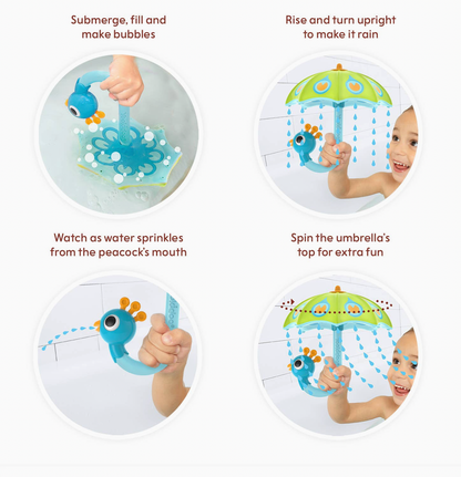 Four-panel instruction graphic showing a baby bath toy with a blue peacock-shaped spout and a green umbrella top. The panels include text such as 'Submerge, fill and make bubbles,' 'Rise and turn upright to make it rain,' 'Watch as water sprinkles from the peacock's mouth,' and 'Spin the umbrella's top for extra fun,' with children demonstrating the toy in a bathroom setting.