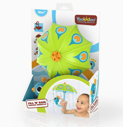 Yookidoo Fill 'n Rain Filling Umbrella bath toy in its original retail packaging, featuring a bright lime green umbrella with blue and orange teardrop patterns and a central orange droplet.