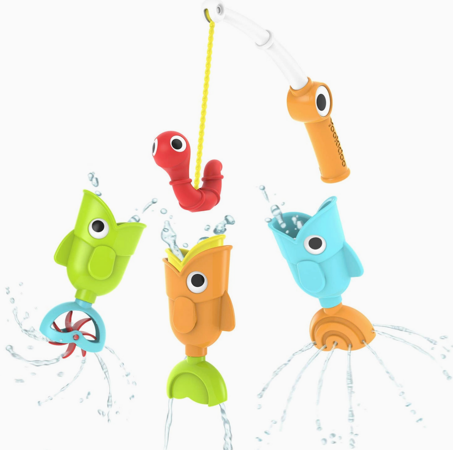 A set of colorful children's bath toys on a white background, including a fishing rod with a worm, a green fish with a blue ring, an orange fish with a green tail, and a light blue fish with water sprays.