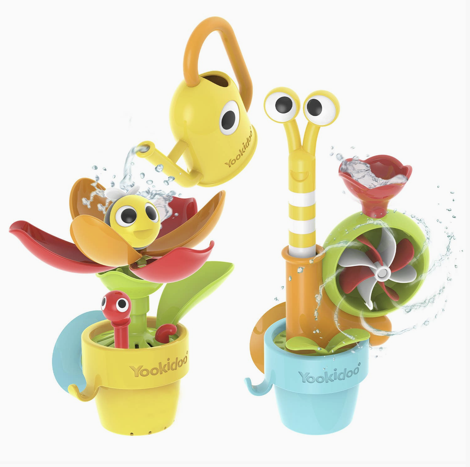 A set of two Yooldoo baby water toys on a white background. One toy is a yellow flower watering canister with a yellow watering can, red flower petals, and a green leaf sprayer.