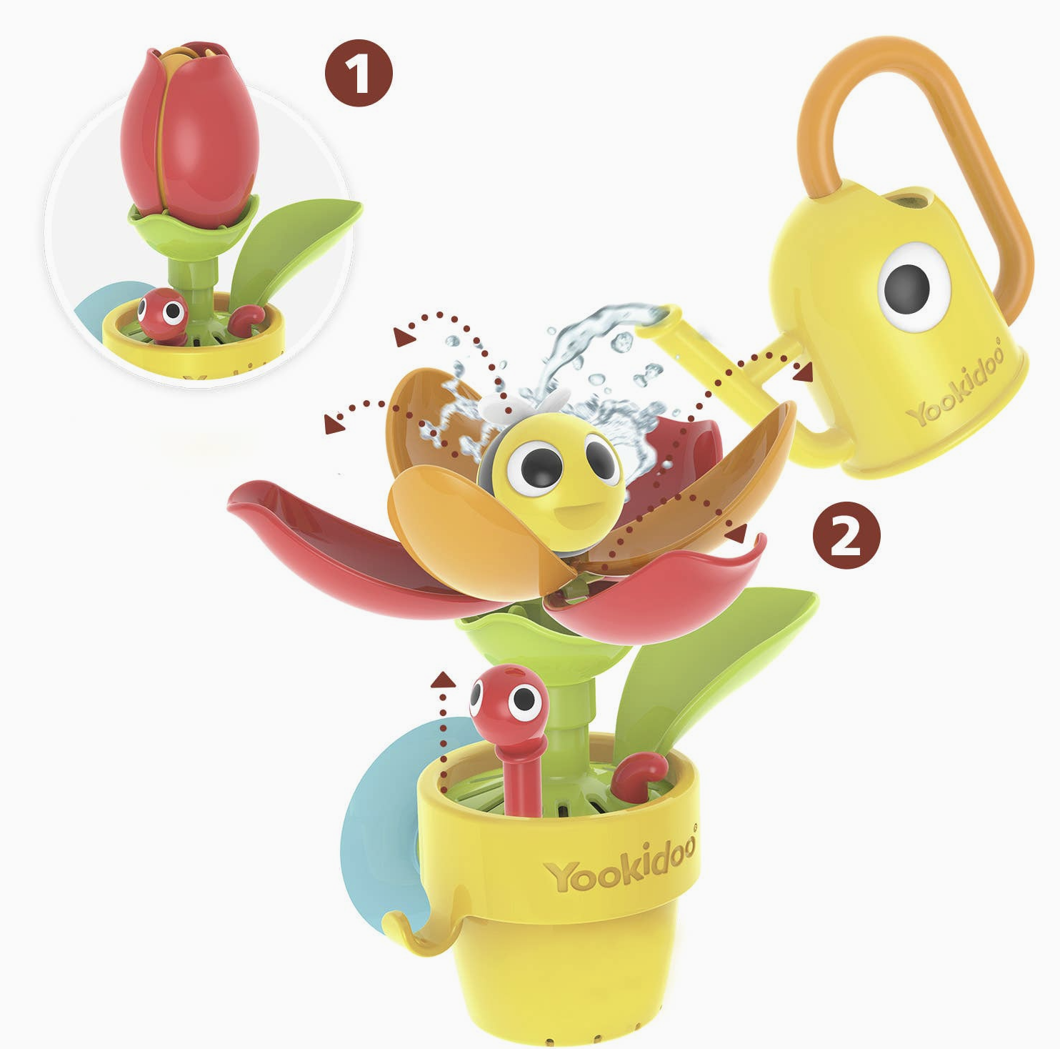 A Yookidoo baby water toy shaped like a flower pot, shown on a white background with two numbered callouts explaining its features: a close-up of the red flower bud and a close-up of the yellow watering can attachment.