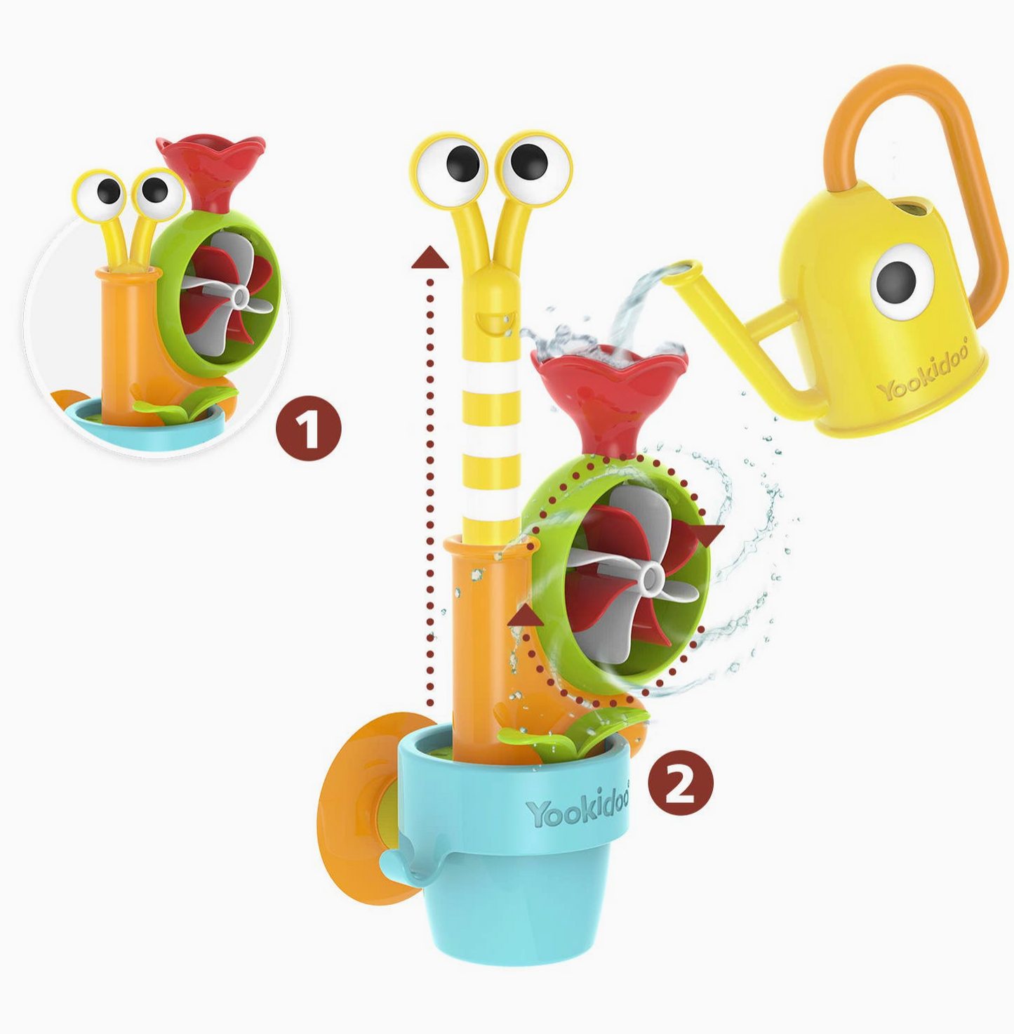 A Yookids snail watering toy shown on a light gray background with two numbered callouts and a watering can graphic. The toy features a yellow snail body with large eyes, a green and orange shell, a red watering cup, a suction cup base in a light blue pot, and a yellow watering can with an orange handle.