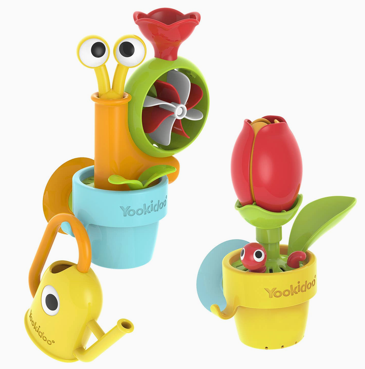 Three colorful children's toy items on a plain light gray background: a yellow watering can, a snail-shaped wind spinner in a blue pot, and a flower pot with a red flower bud and green leaves. The pot and can are branded Yoolddoo.