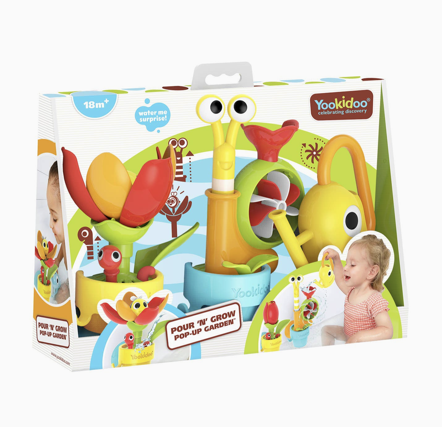 Yackidoo Pour 'N' Grow Pop-Up Garden toy set in its retail packaging, featuring a colorful design with a yellow snail watering can, red and yellow flower, and green leaf.