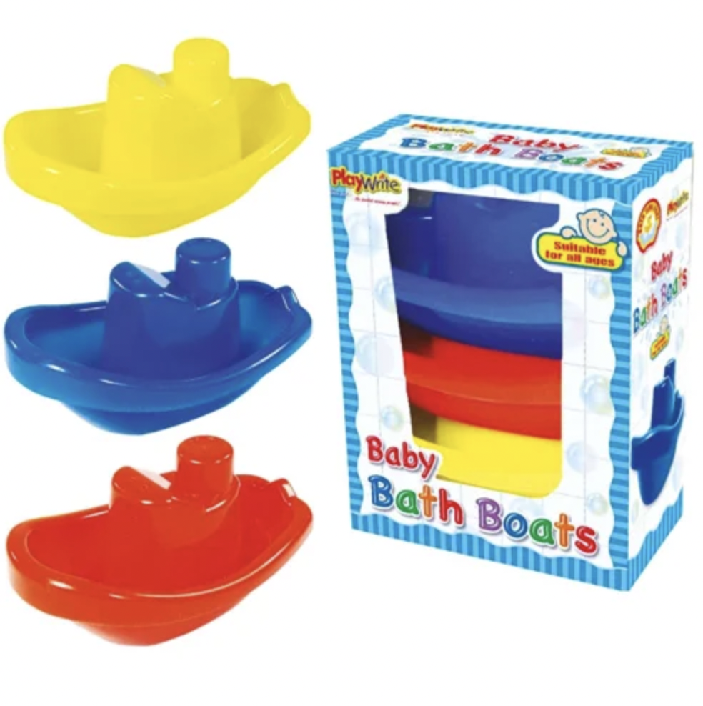 Three plastic baby bath boats in yellow, blue, and red, shown next to their blue and white retail packaging box.