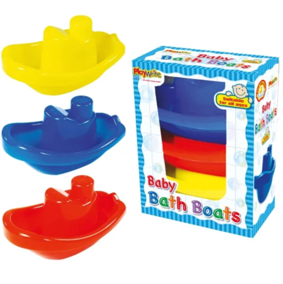 Three plastic baby bath boats in yellow, blue, and red, shown next to their blue and white retail packaging box.