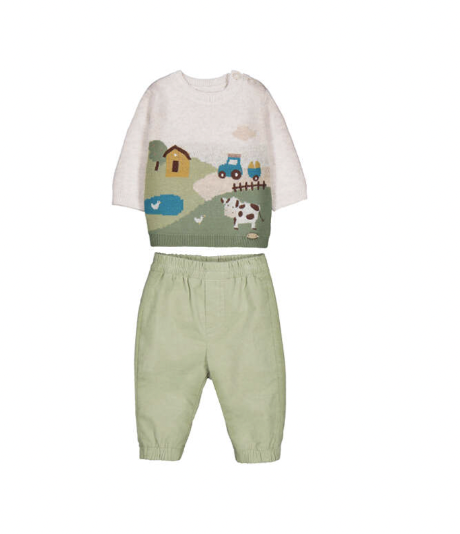 A baby two-piece outfit set featuring a short-sleeve knit top with a colorful farm landscape print and matching sage green corduroy pants, displayed on a clean white background.