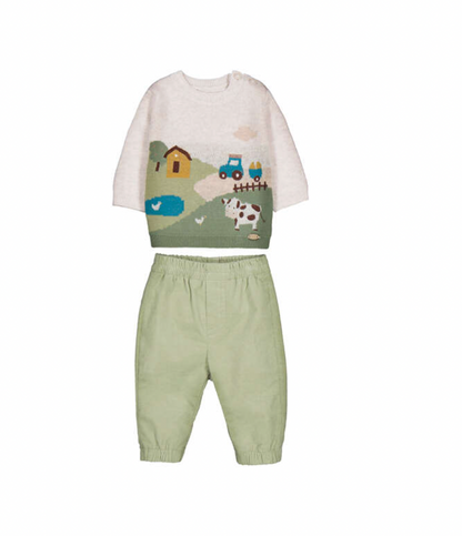A baby two-piece outfit set featuring a short-sleeve knit top with a colorful farm landscape print and matching sage green corduroy pants, displayed on a clean white background.