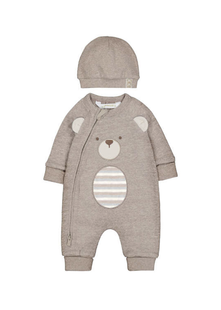 A baby's long-sleeve one-piece romper and matching bonnet in a heathered taupe-brown color. The romper features a bear face applique on the chest with a striped oval belly patch.