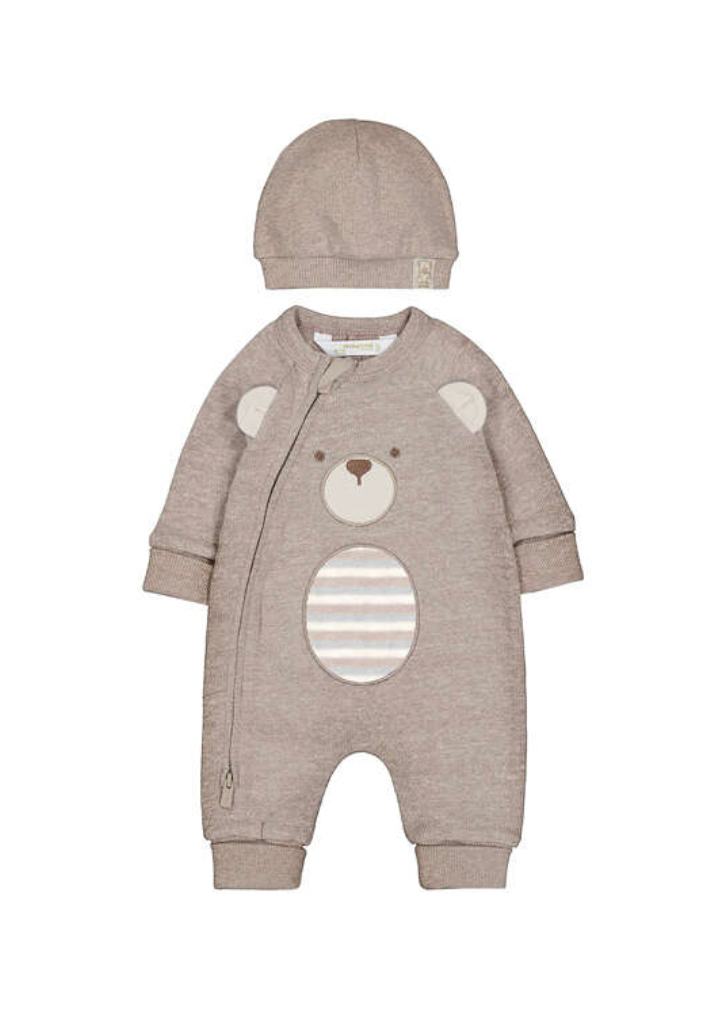A baby's long-sleeve one-piece romper and matching bonnet in a heathered taupe-brown color. The romper features a bear face applique on the chest with a striped oval belly patch.
