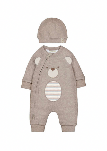 A baby's long-sleeve one-piece romper and matching bonnet in a heathered taupe-brown color. The romper features a bear face applique on the chest with a striped oval belly patch.