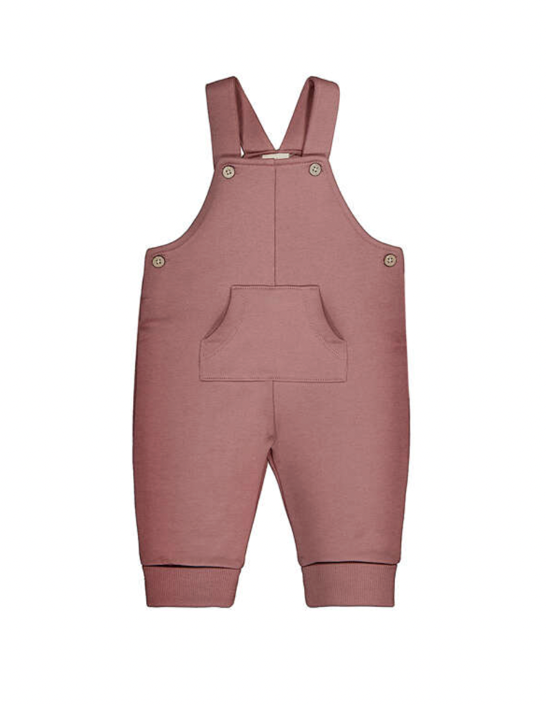 A dusty rose pink baby overall romper with adjustable shoulder straps, front patch pocket, and snap closures, shown flat on a white background.