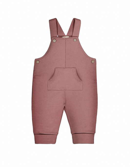 A dusty rose pink baby overall romper with adjustable shoulder straps, front patch pocket, and snap closures, shown flat on a white background.