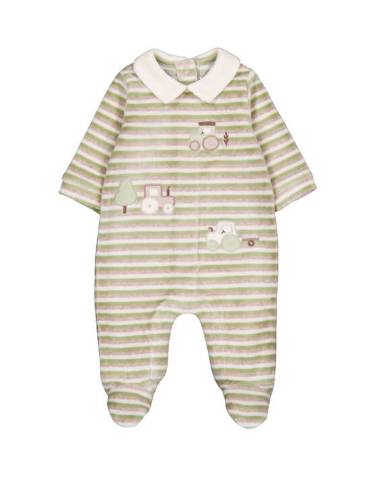 A baby footed one-piece sleeper with light green and white horizontal stripes, featuring a cream-colored collar and small tractor and tree appliques on the chest, shown against a plain white background.