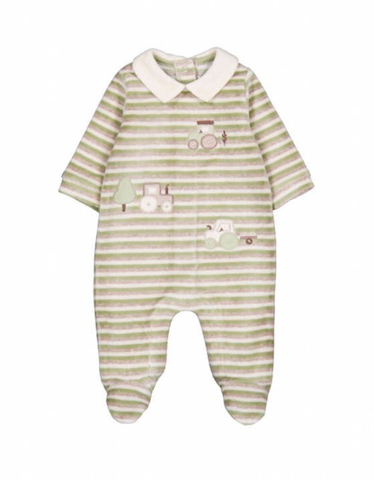 A baby footed one-piece sleeper with light green and white horizontal stripes, featuring a cream-colored collar and small tractor and tree appliques on the chest, shown against a plain white background.