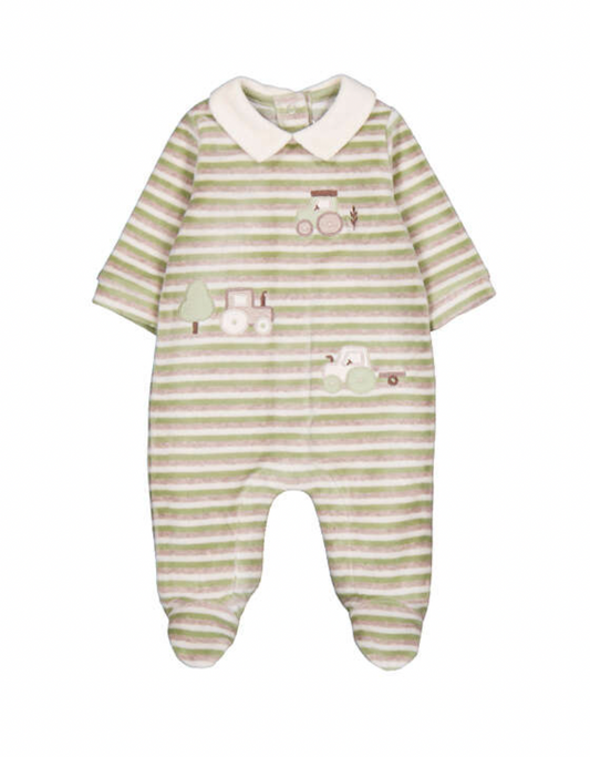 A baby footed one-piece sleeper with light green and white horizontal stripes, featuring a cream-colored collar and small tractor and tree appliques on the chest, shown against a plain white background.