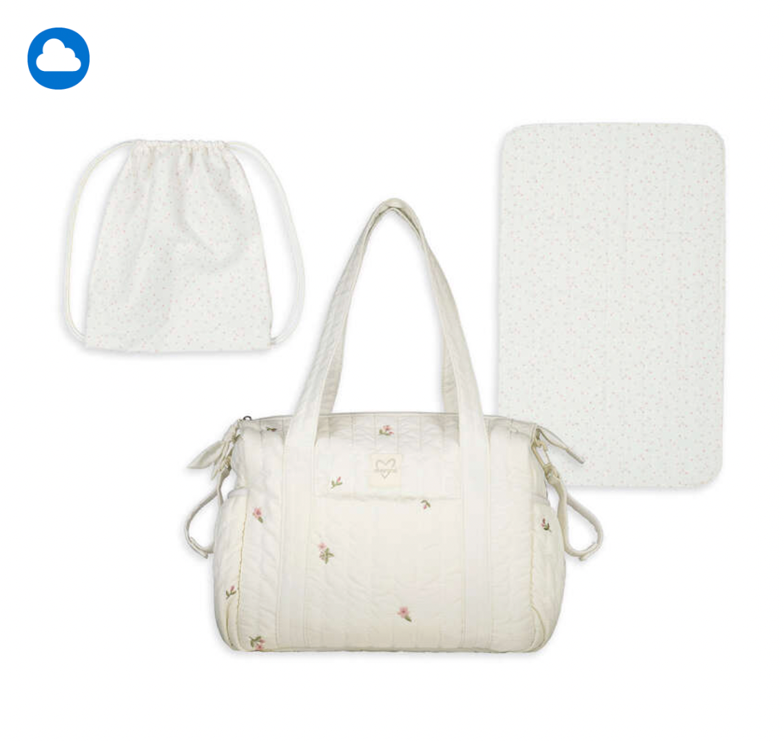 Mayoral cream quilted ditsy flower embroidered changing bag set showing barrel bag with carry handles, matching drawstring pouch and padded changing mat on white background