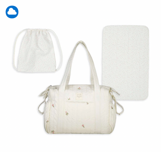 Mayoral cream quilted ditsy flower embroidered changing bag set showing barrel bag with carry handles, matching drawstring pouch and padded changing mat on white background