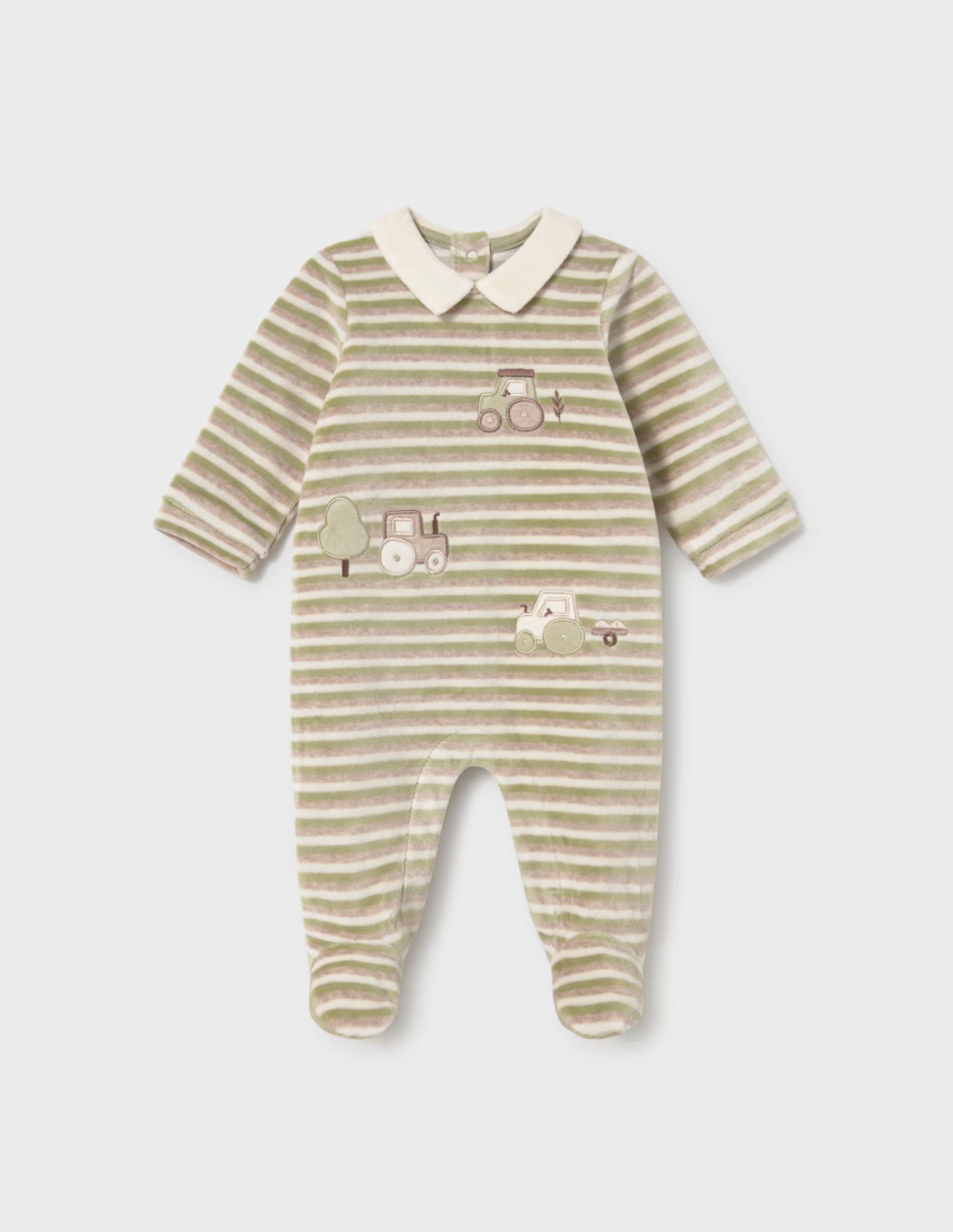 A baby long-sleeve footed sleeper with beige and olive green horizontal stripes, featuring a cream-colored Peter Pan collar and small embroidered tractor and tree motifs on the chest, displayed against a solid light gray background.