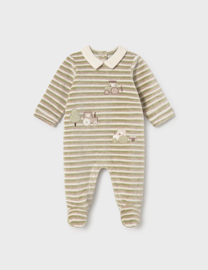 A baby long-sleeve footed sleeper with beige and olive green horizontal stripes, featuring a cream-colored Peter Pan collar and small embroidered tractor and tree motifs on the chest, displayed against a solid light gray background.