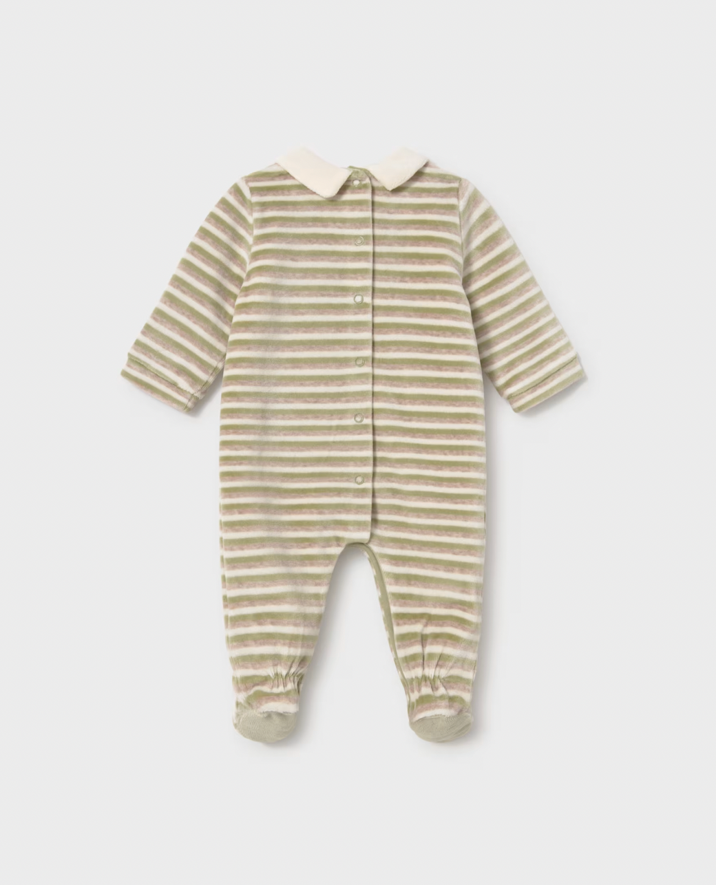 A baby footed one-piece sleeper with long sleeves, a Peter Pan collar, and a button front, featuring a muted green and beige horizontal stripe pattern, shown on a light gray background.