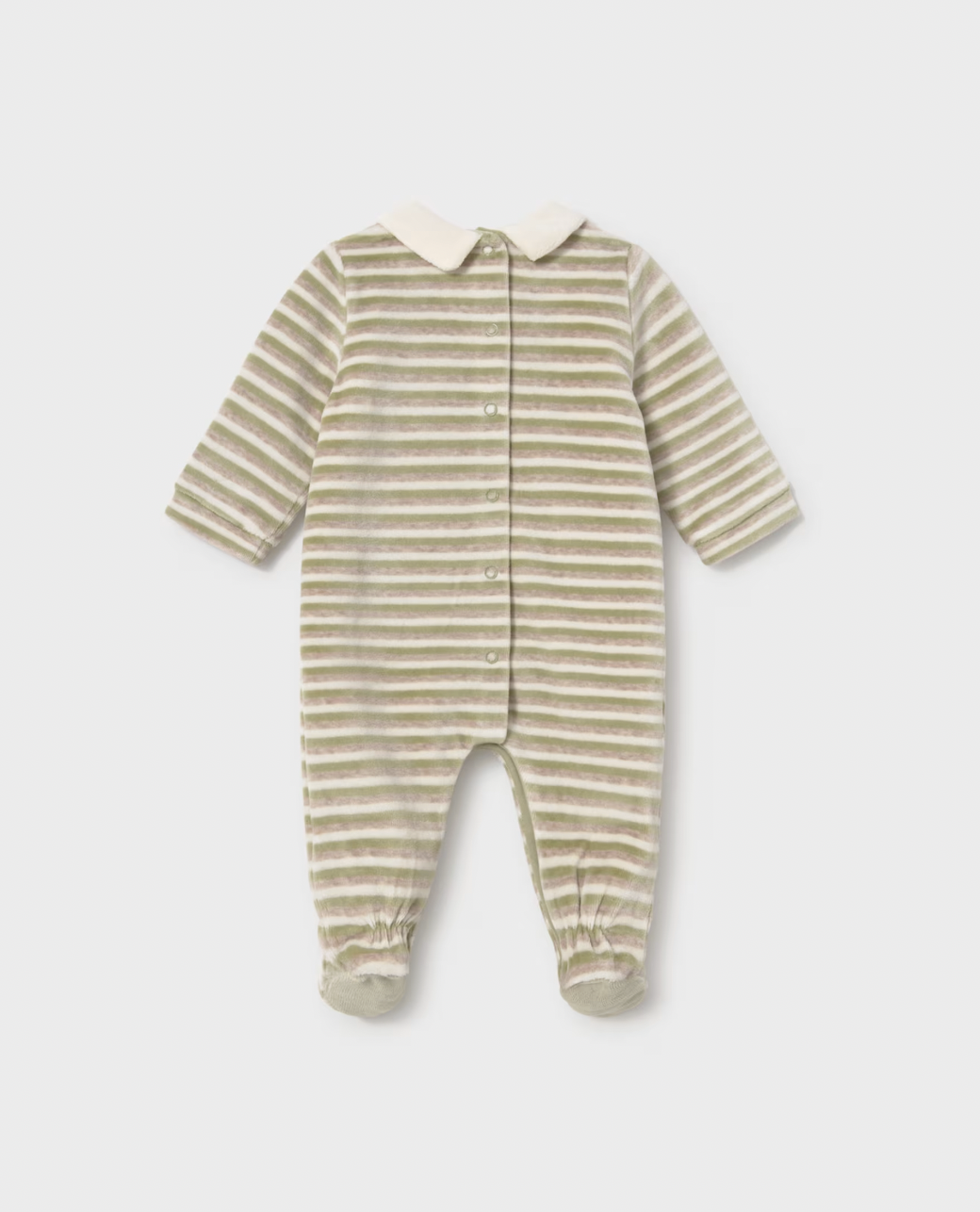 A baby footed one-piece sleeper with long sleeves, a Peter Pan collar, and a button front, featuring a muted green and beige horizontal stripe pattern, shown on a light gray background.