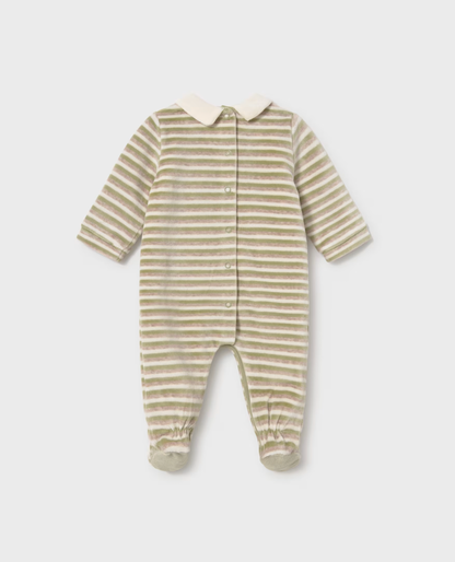 A baby footed one-piece sleeper with long sleeves, a Peter Pan collar, and a button front, featuring a muted green and beige horizontal stripe pattern, shown on a light gray background.
