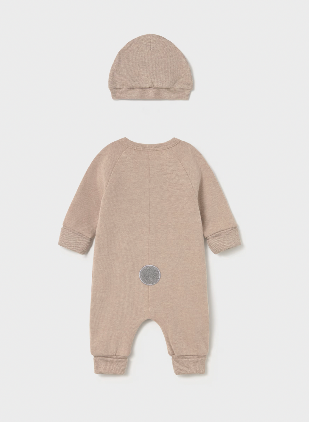 A baby one-piece romper and matching bonnet set in a heathered light taupe-beige color, shown from the back on a light gray background.