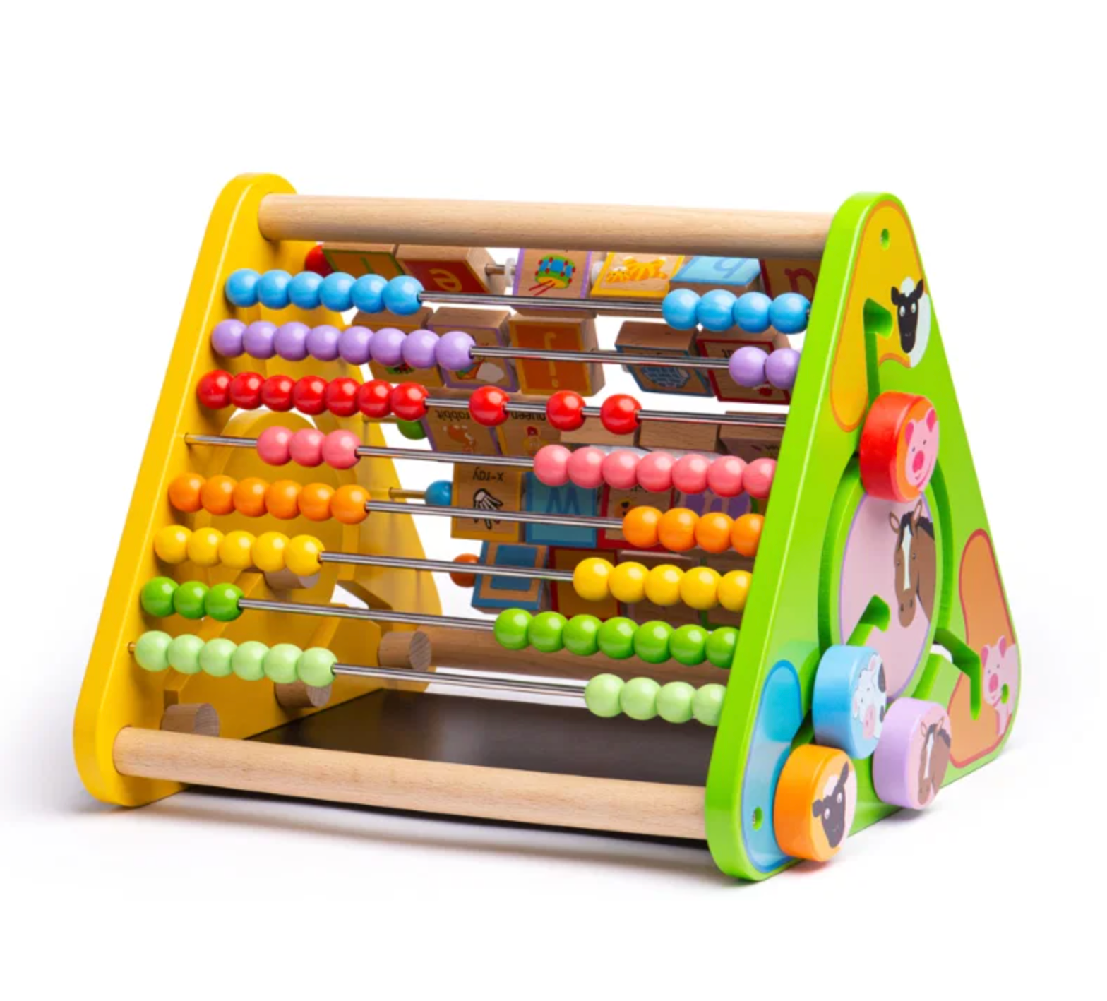 A colorful wooden abacus toy with multiple rows of beads in blue, red, yellow, orange, green, and pink, featuring a green side panel with animal cutouts and a yellow front frame, photographed on a white background.