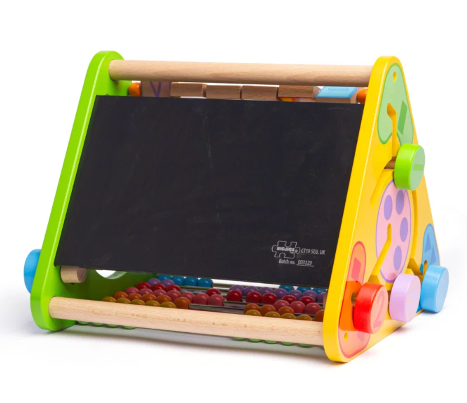 A colorful triangular children's activity toy with a black chalkboard center, wooden handles, beads, and bright multicolor side panels on a white background.