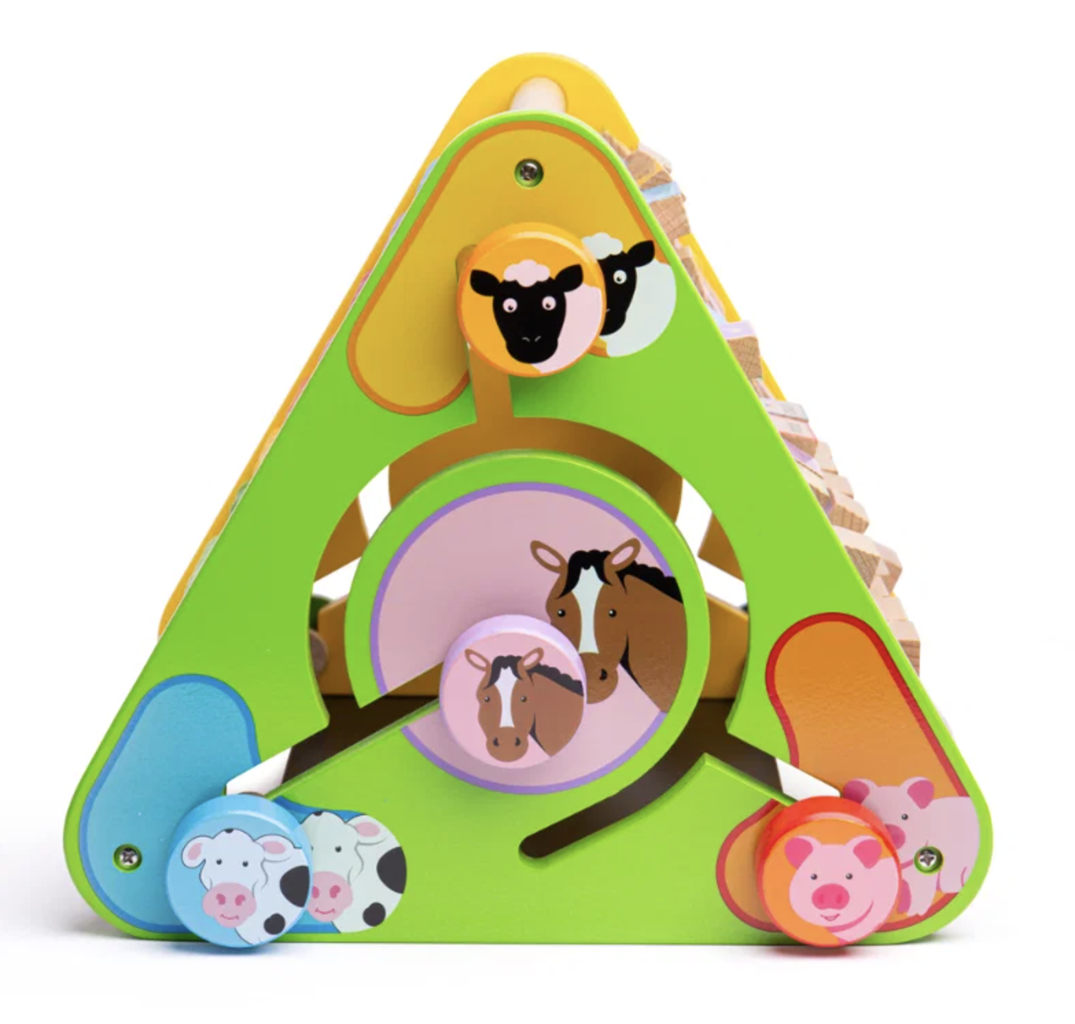 A colorful triangular wooden animal sorting toy with bright green, yellow, blue, pink, and orange sections, featuring animal cutouts and pull tabs for sheep, horse, cow, pig, and piglet on a white background.