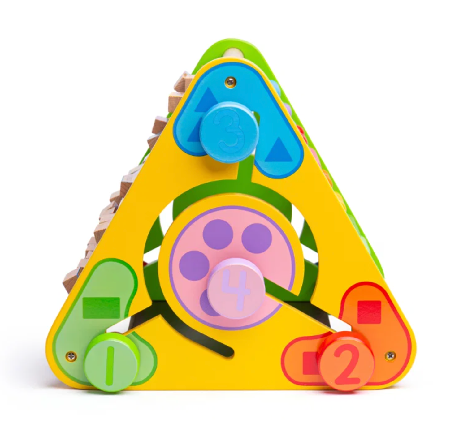 A colorful triangular wooden activity toy with numbered pegs (1, 2, 3) and a central spinning wheel, shown on a clean white background.