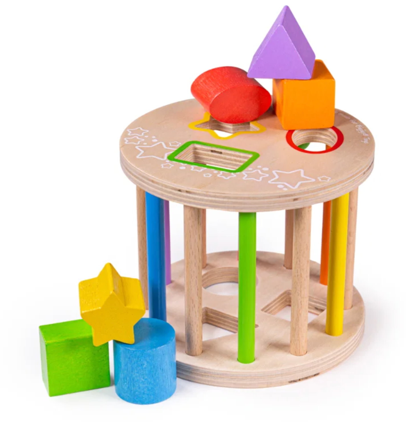 A wooden shape-sorting toy for toddlers with a round peg-hole table, colorful vertical pegs, and loose geometric blocks including a purple triangle, red oval, orange cube, green rectangle, yellow star, and blue cylinder on a white background.