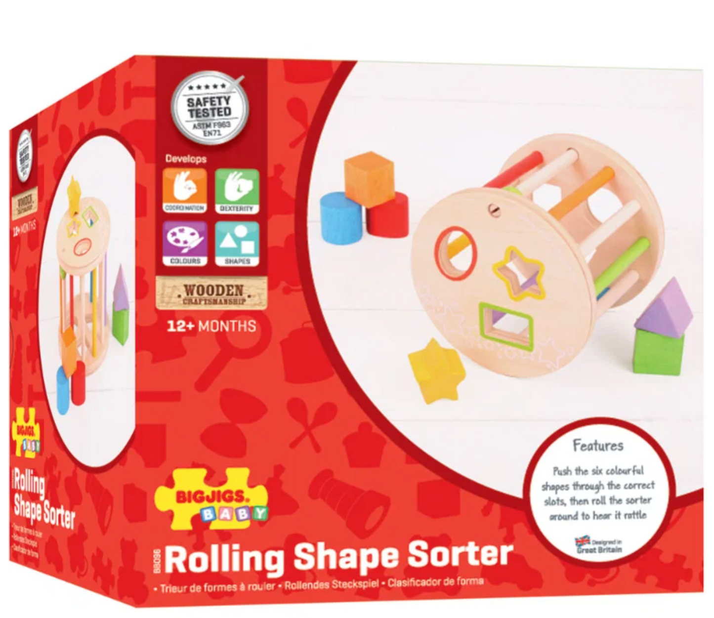 Big Jigs Baby Wooden Rolling Shape Sorter toy in its red and white retail packaging, featuring a wooden activity wheel with colorful geometric shapes.