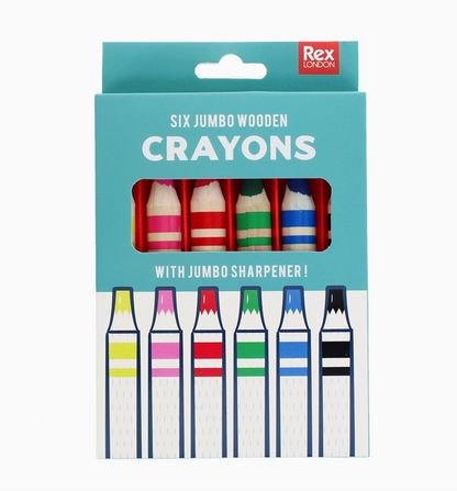 Rex London Six Jumbo Wooden Crayons retail packaging with teal box and jumbo sharpener included
