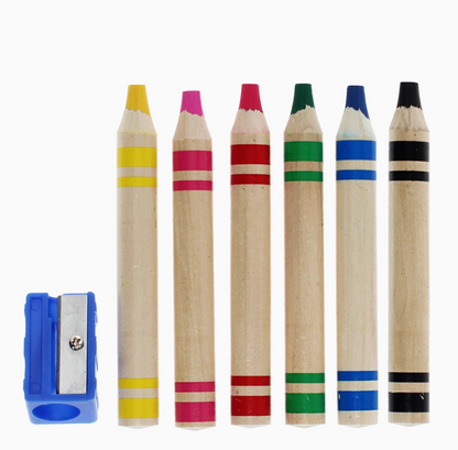 Six Rex London jumbo wooden crayons in assorted colours with blue sharpener on white background
