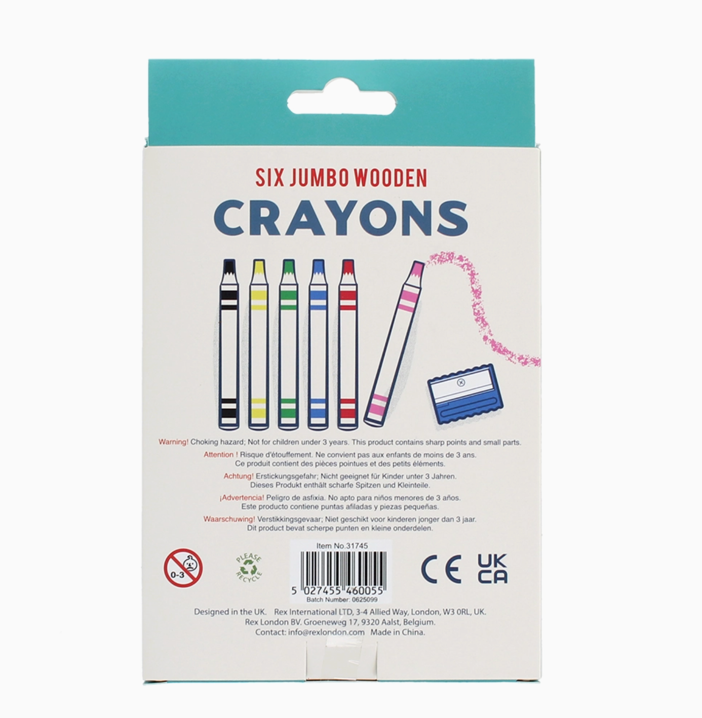 Back of Rex London Six Jumbo Wooden Crayons packaging showing safety information and barcode
