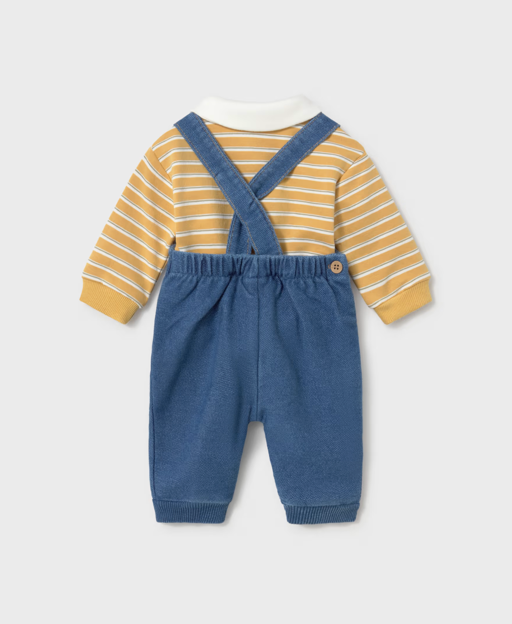 A baby's two-piece corduroy outfit shown from the back, featuring blue corduroy overall-style pants with a white collar and yellow striped long-sleeve top.