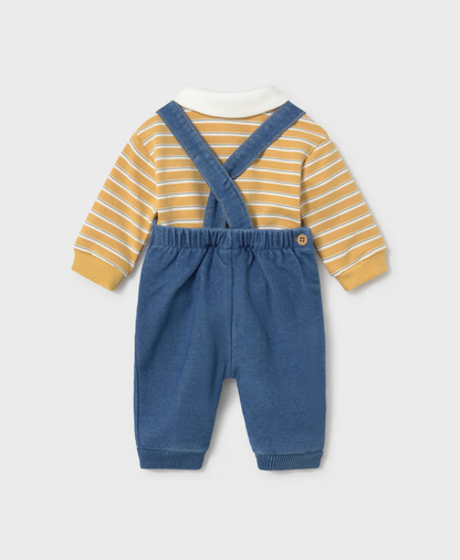 A baby's two-piece corduroy outfit shown from the back, featuring blue corduroy overall-style pants with a white collar and yellow striped long-sleeve top.