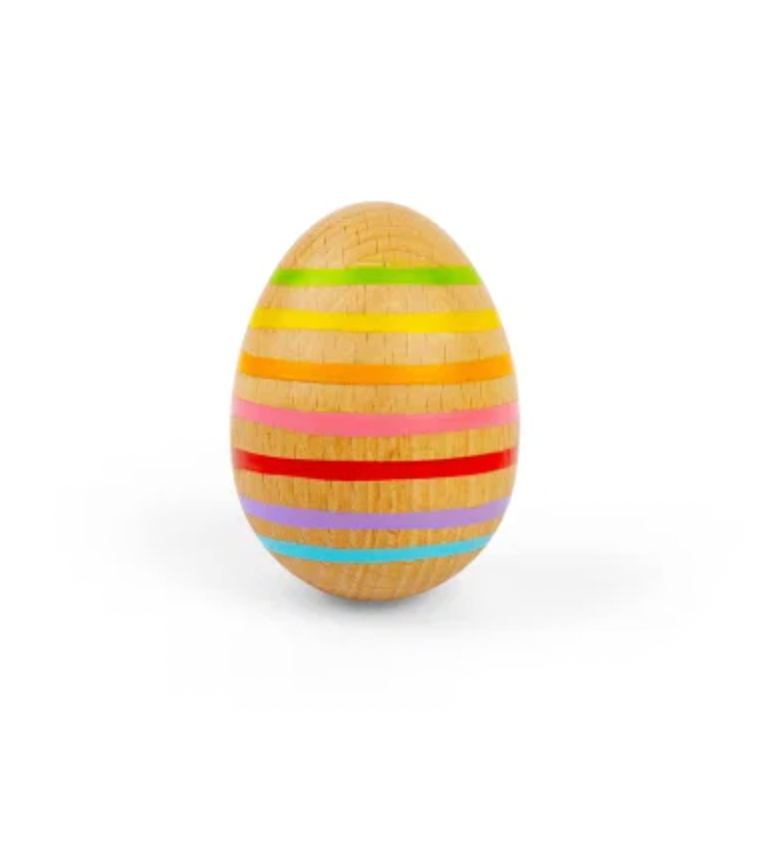 Bigjigs wooden egg shaker — upright front view showing the full rainbow stripe design in green, yellow, orange, pink, red, purple and blue on smooth natural wood, on white background